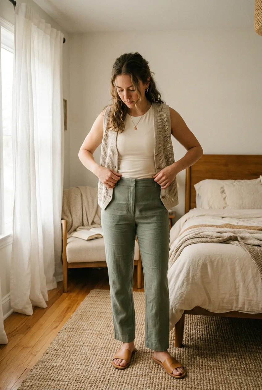 Woman adjusting open-weave linen vest layered over cream tank top with sage straight-leg trousers in warmly lit bedroom