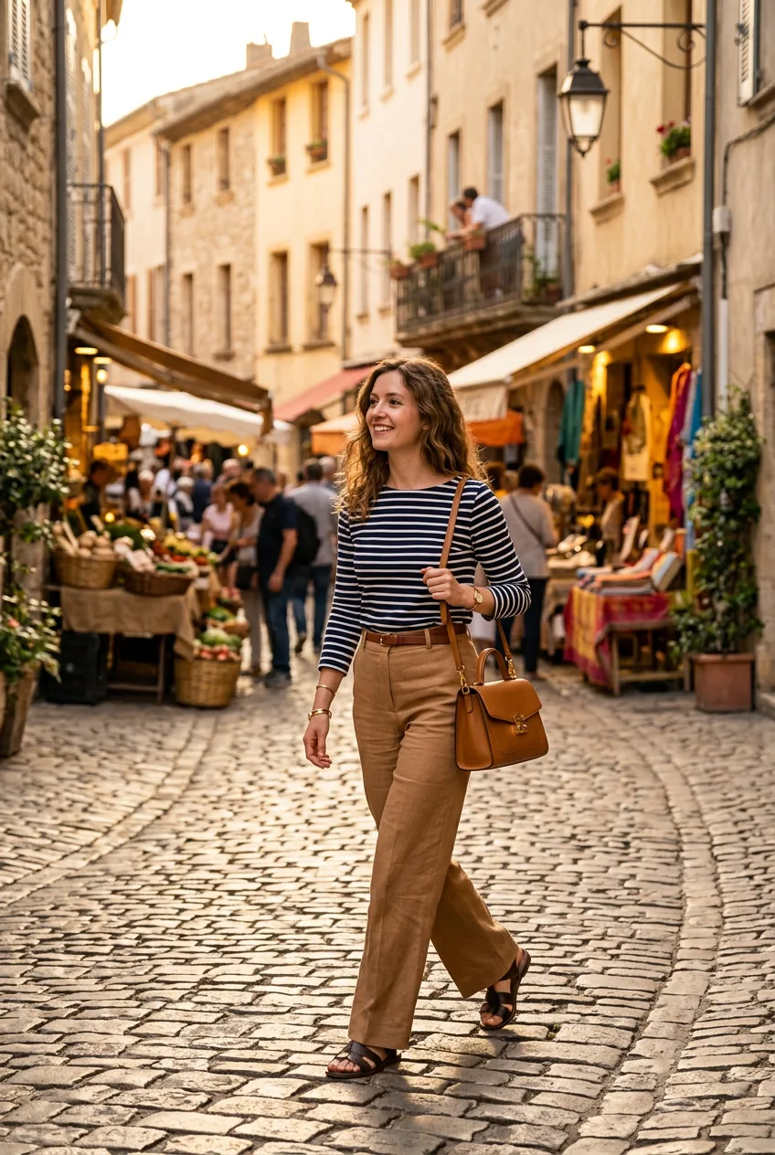 Woman in classic navy and white Breton stripe top tucked into camel wide-leg trousers at warm European market street
