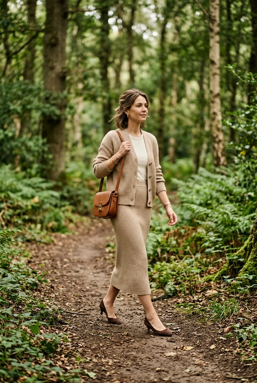 Woman in matching oat ribbed knit cardigan and midi skirt set with kitten heels and leather bag on forest path