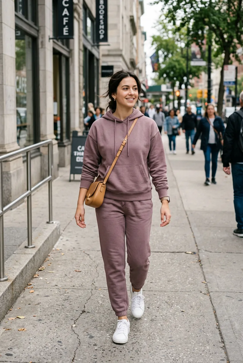 Woman in a coordinated dusty mauve French terry sweat set with white sneakers and gold hoop earrings on a city sidewalk