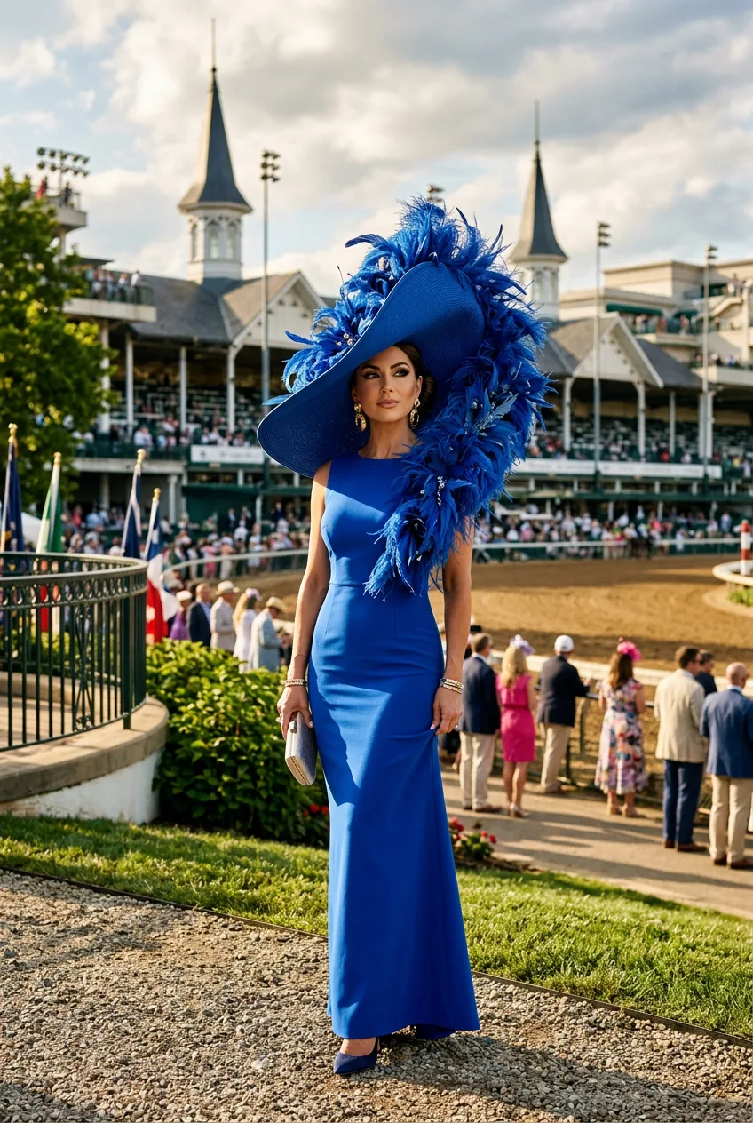 Woman in bold cobalt column dress wearing an oversized wide-brim feathered hat at racetrack