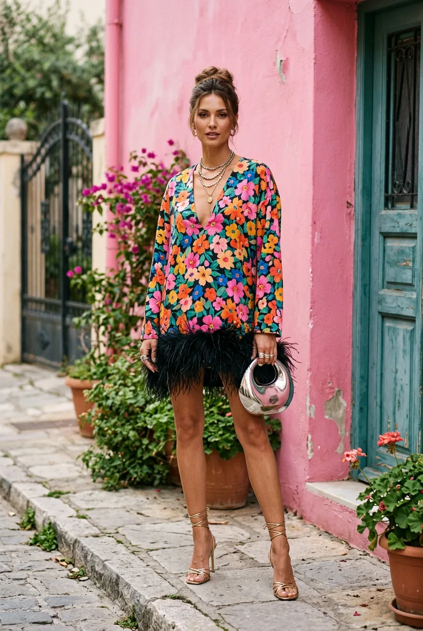 Woman in oversized floral feather-hem mini dress with stacked metallic jewelry and sculptural clutch