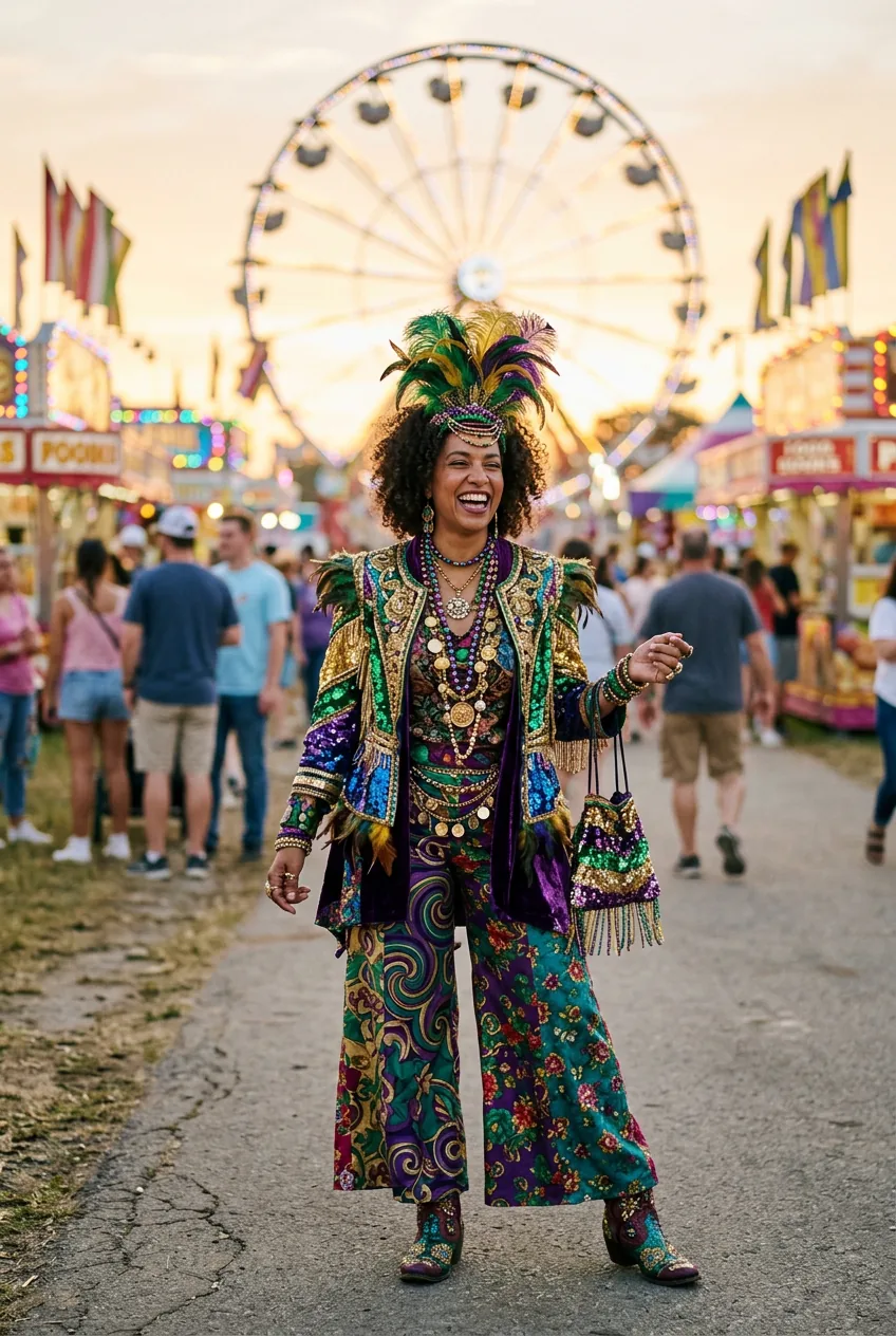 Woman in bold layered jewel-toned Mardi Gras outfit at a summer fair with a ferris wheel softly visible behind her
