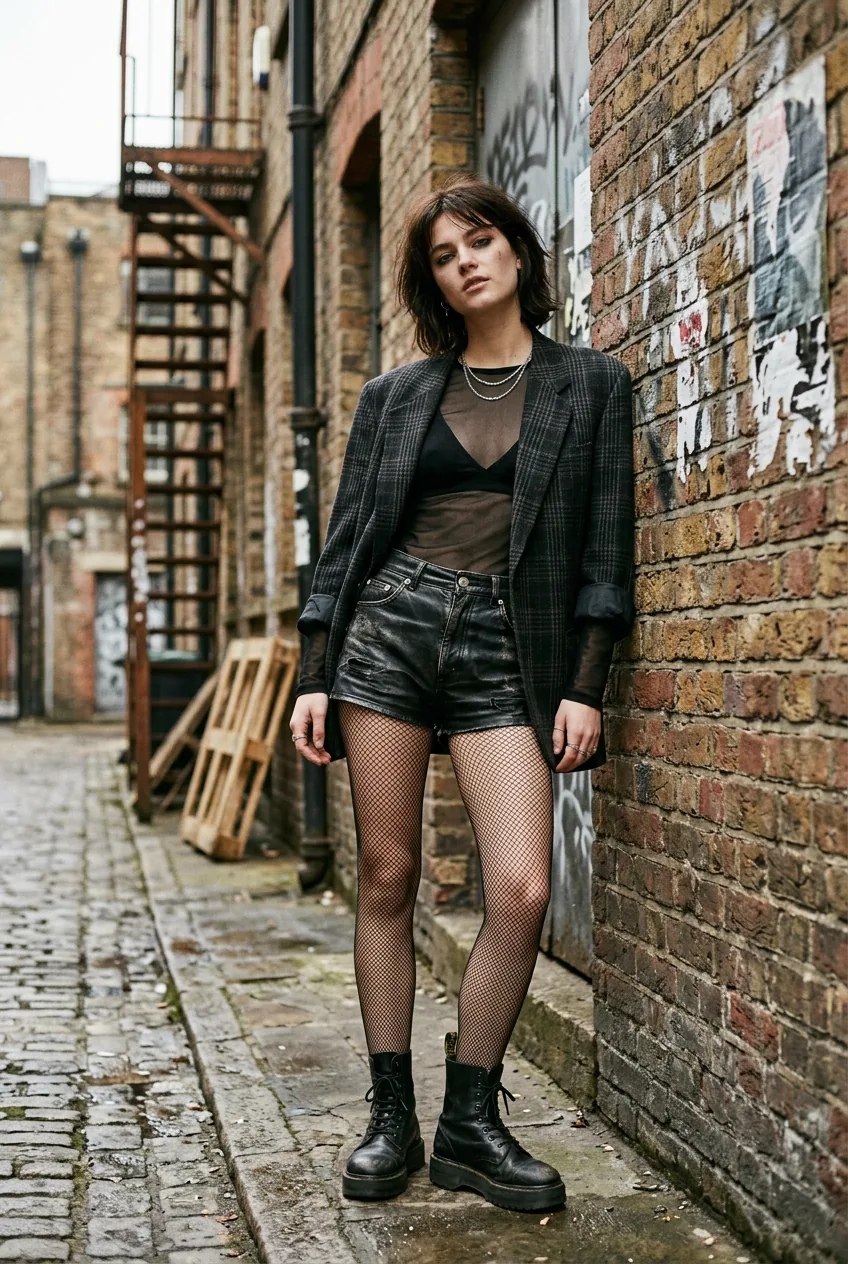Woman in sheer black mesh top, leather shorts, fishnet tights and boxy vintage blazer with sleeves pushed up