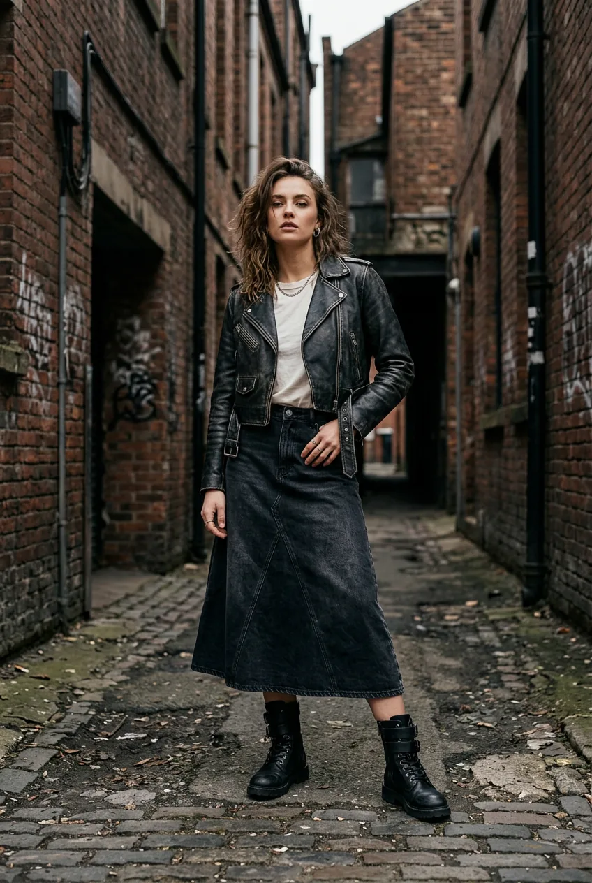 Woman in washed black midi skirt, cropped moto jacket and heavy combat boots posed in warm brick alley