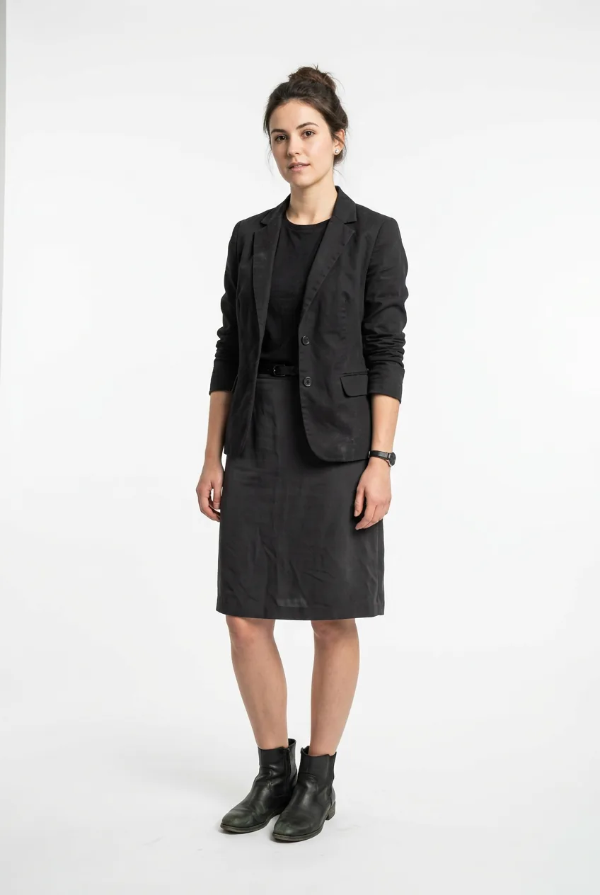 Woman in mismatched all-black blazer and skirt outfit demonstrating common interview dressing mistake