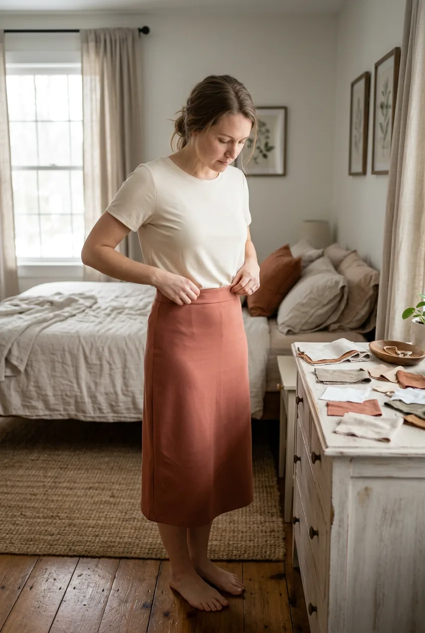 Woman smoothing waistband of terracotta ponte skirt paired with moisture-wicking cream blouse beside fabric swatches on dresser
