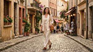 Woman in tailored monochrome cream trouser suit walking along a warm European cobblestone street in late afternoon sunlight