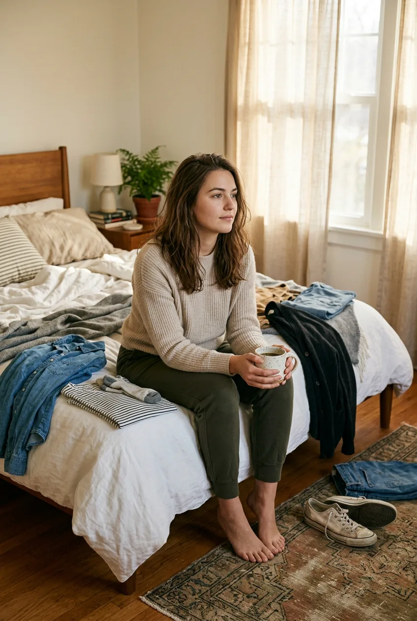 Woman sitting on a bed in casual basics holding a coffee mug surrounded by discarded outfit pieces in golden morning light