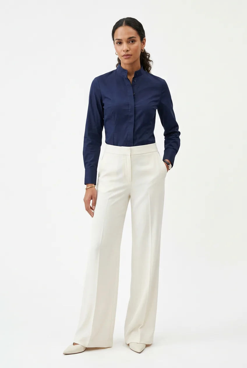 Woman in structured navy mandarin-collar blouse with floor-grazing ivory wide-leg crepe trousers