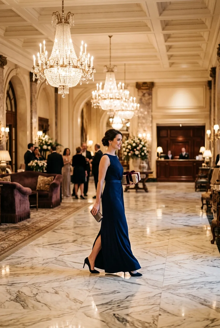 Woman in navy column evening gown crossing marble hotel lobby under warm chandelier light