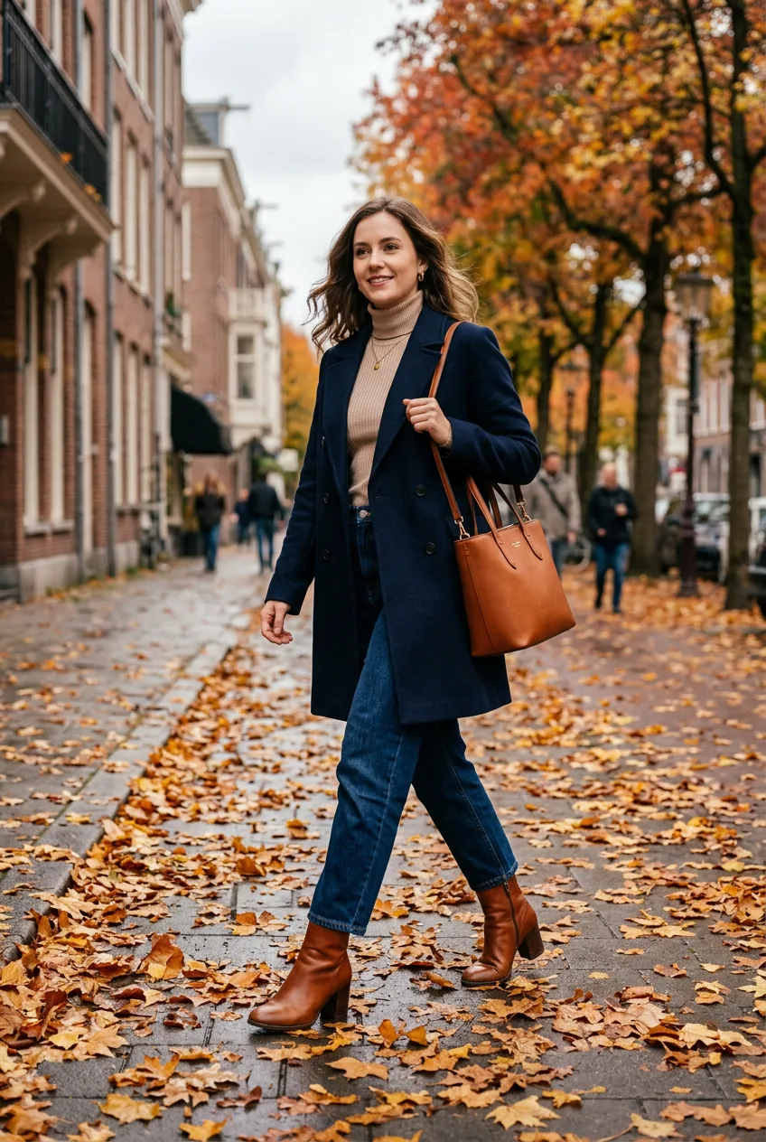 Woman in fitted navy wool coat and cognac ankle boots walking on leaf-covered sidewalk in overcast autumn daylight