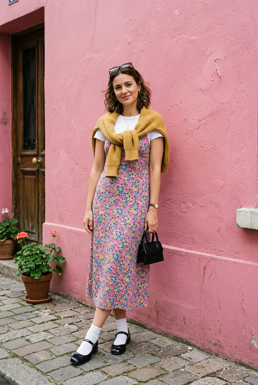 Woman in 90s floral slip dress layered over white tee with Mary Janes and cardigan over shoulders