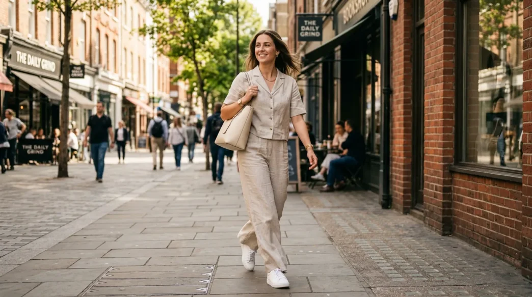 Woman walking on a sunlit city sidewalk in an oatmeal linen co-ord set with wide-leg trousers and white sneakers
