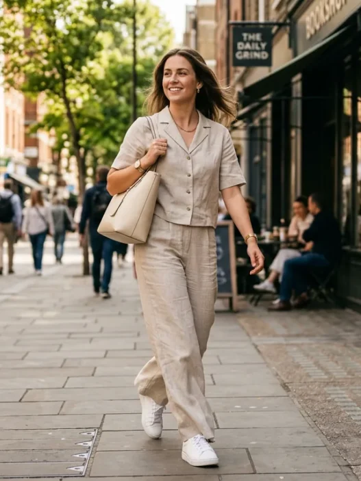 Woman walking on a sunlit city sidewalk in an oatmeal linen co-ord set with wide-leg trousers and white sneakers