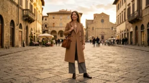 Woman in camel double-breasted wool overcoat and wide-leg grey trousers on European cobblestone piazza in golden afternoon light