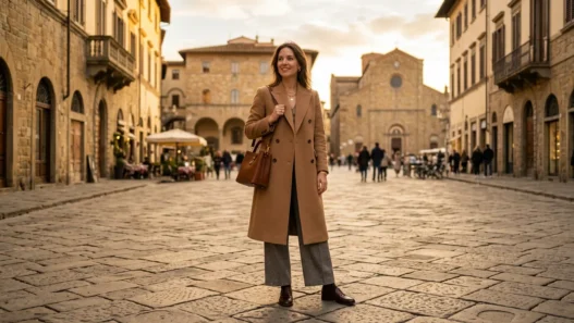 Woman in camel double-breasted wool overcoat and wide-leg grey trousers on European cobblestone piazza in golden afternoon light