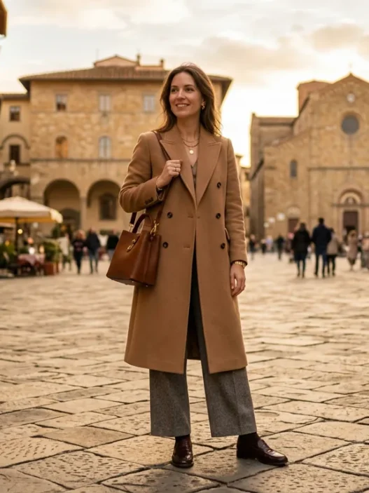 Woman in camel double-breasted wool overcoat and wide-leg grey trousers on European cobblestone piazza in golden afternoon light