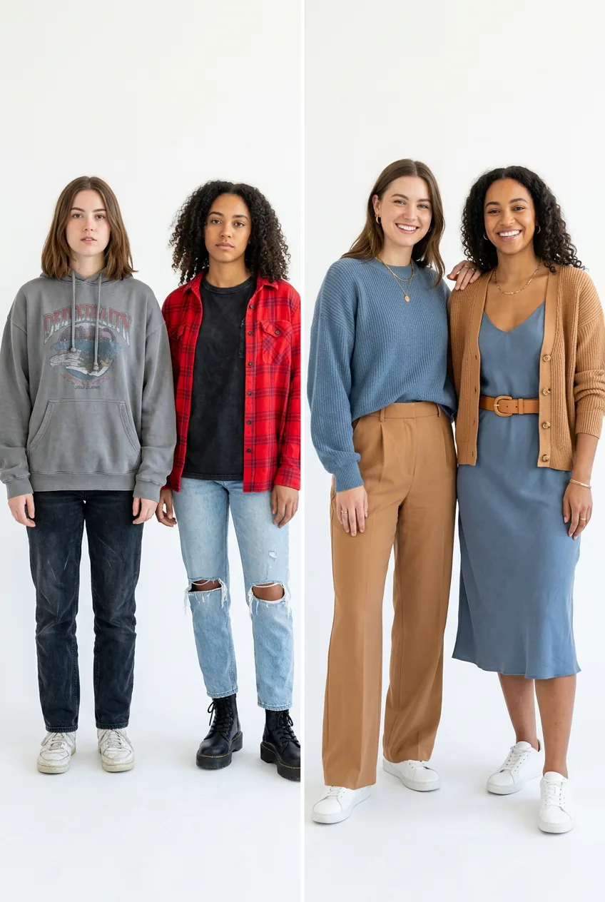 Woman in two panels showing tense posture with wrong outfit on left and relaxed confident stance in perfect coordinated look on right