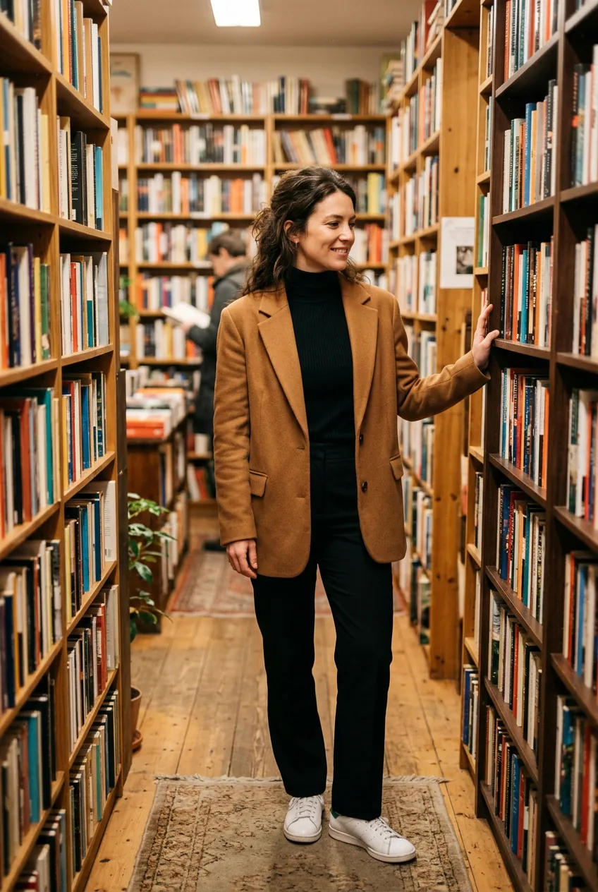 Woman standing in bookstore wearing a caramel oversized blazer over black turtleneck and straight-leg trousers with white trainers