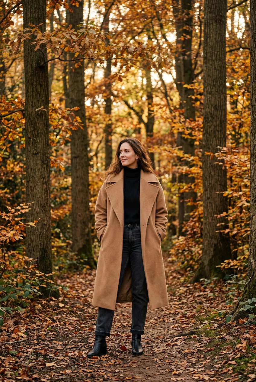 Woman wearing wide-lapel camel coat over black turtleneck and dark straight jeans on a forest trail