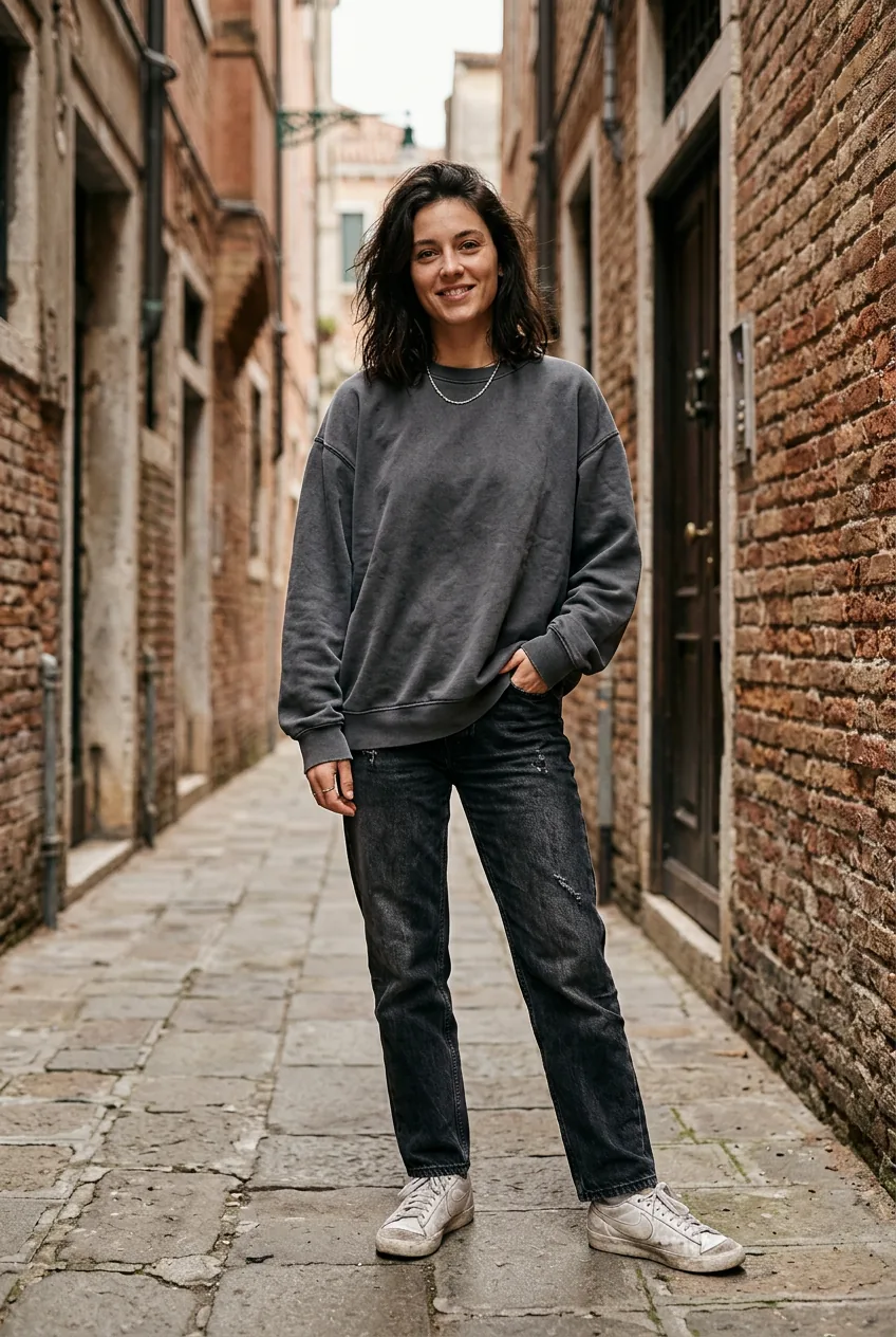 Woman in oversized grey crewneck, black straight-leg jeans and worn sneakers standing relaxed in a brick alley