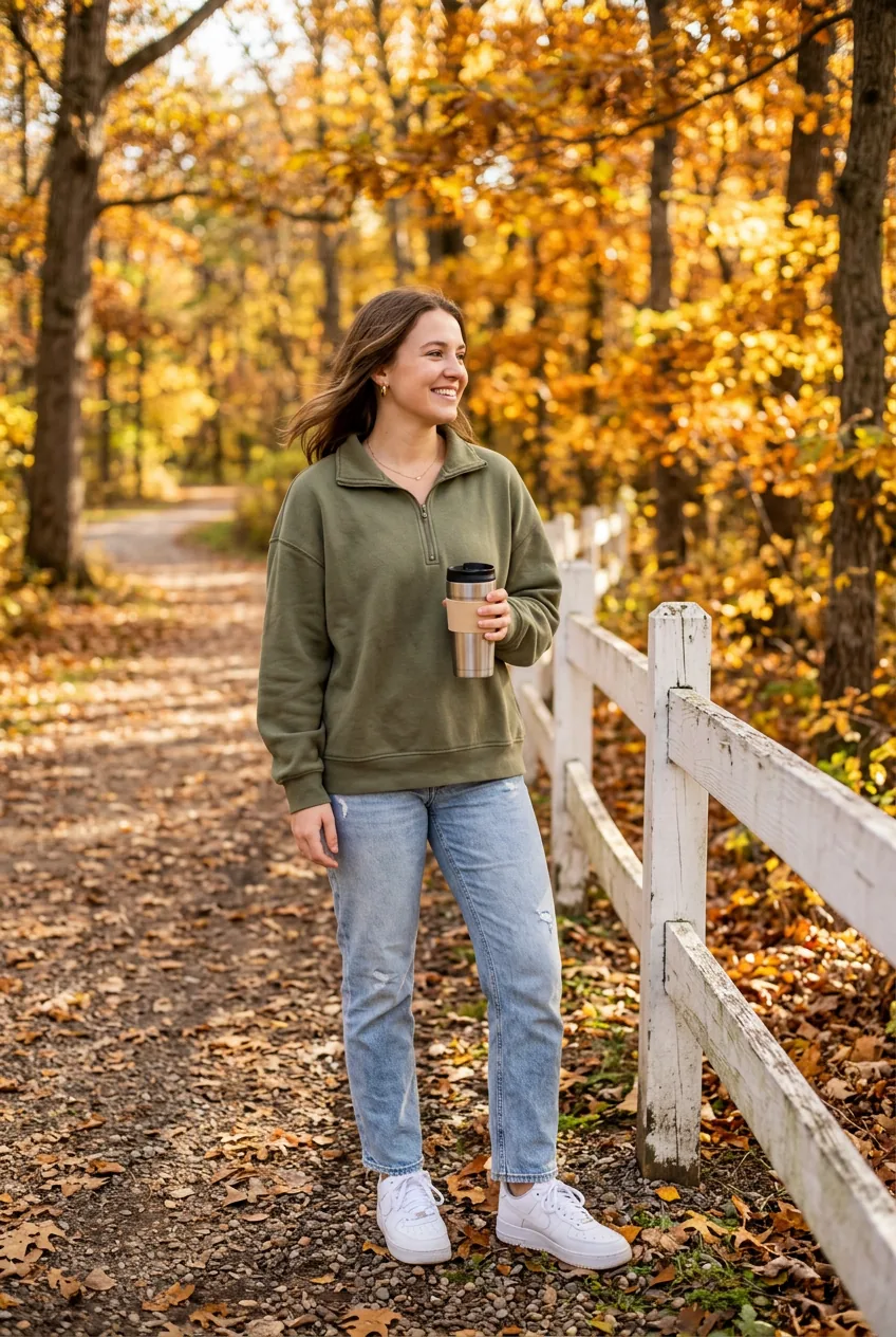 Woman in olive quarter-zip and straight-leg jeans standing near white fence in autumn park with travel mug