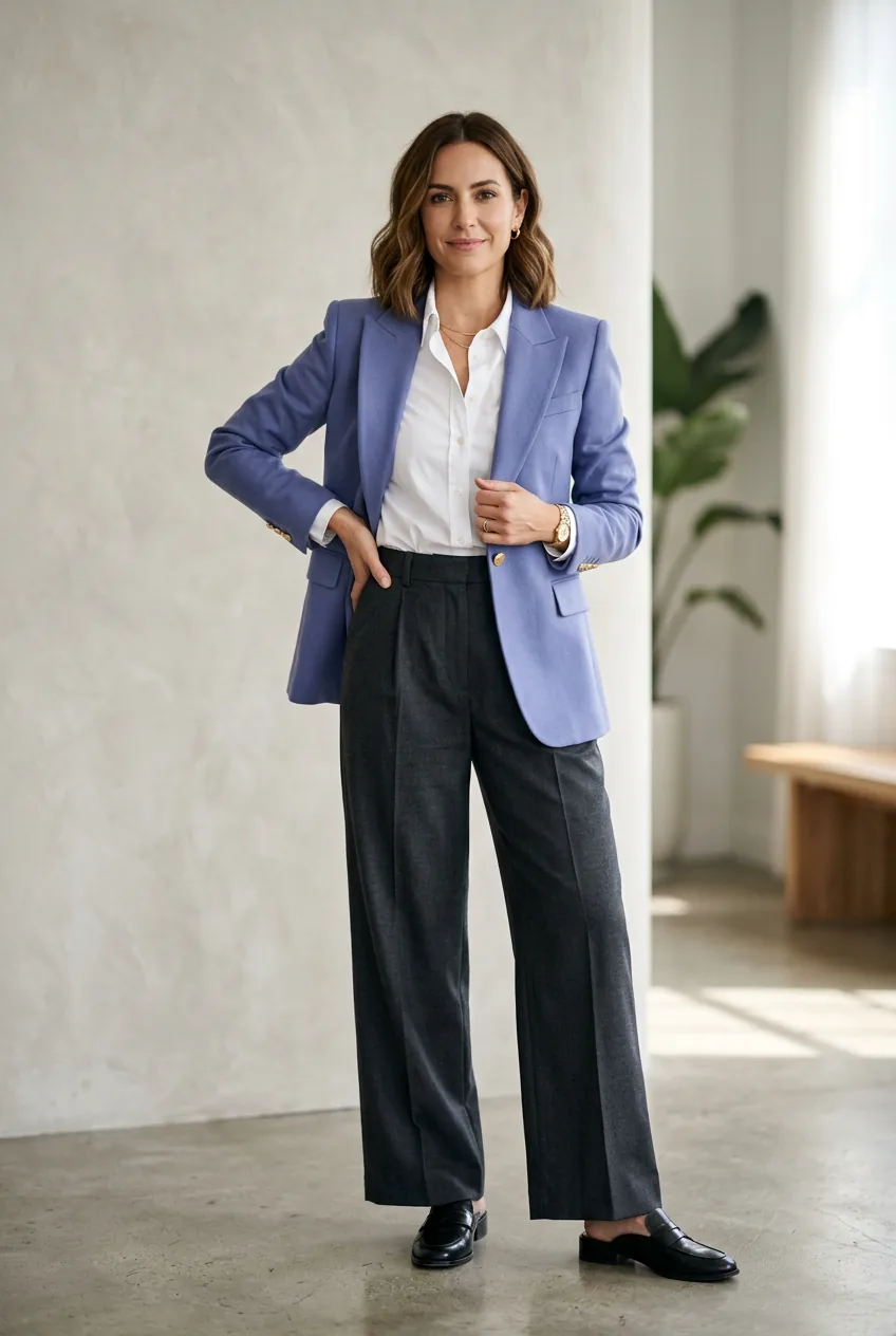 Woman in tailored periwinkle blazer over white shirt and charcoal wide-leg trousers in clean natural studio light