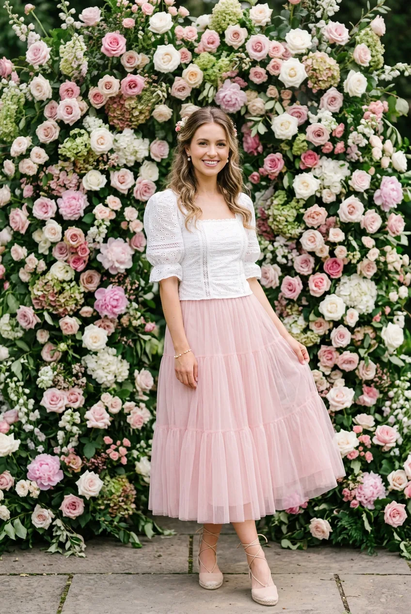 Woman in soft pink tulle midi skirt with white eyelet fitted top and pearl earrings in floral setting