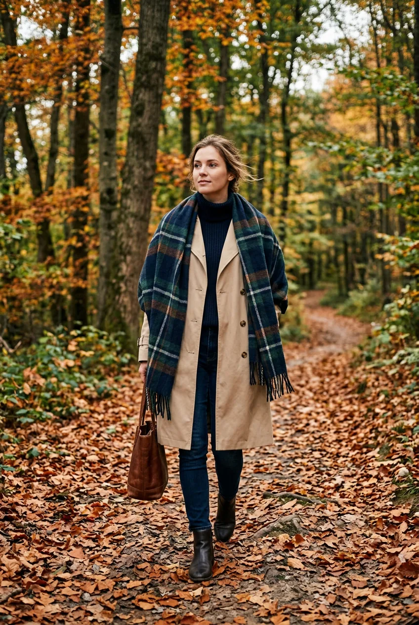Woman in large plaid blanket scarf over beige trench coat walking forest trail with copper leaves