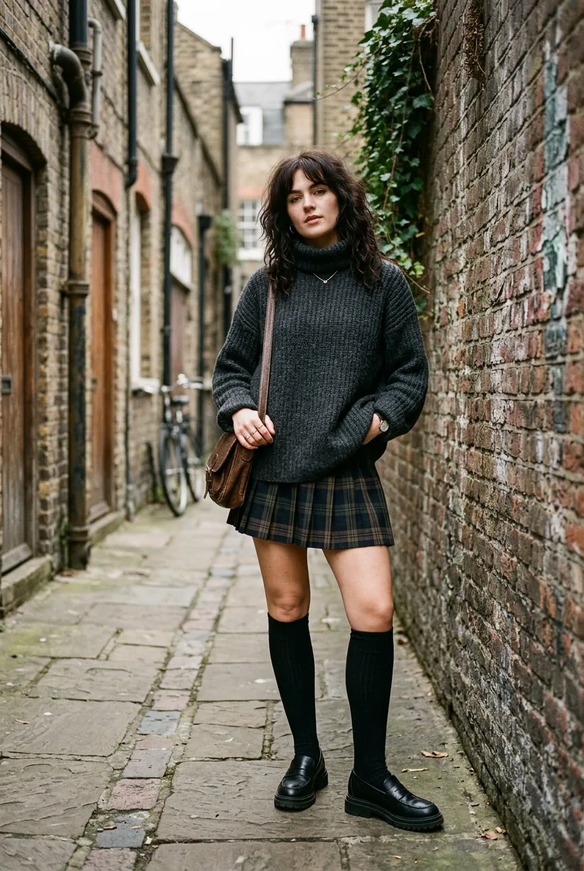 Woman wearing plaid mini skirt, chunky knit turtleneck, knee-high socks and lug-sole loafers in brick alley setting