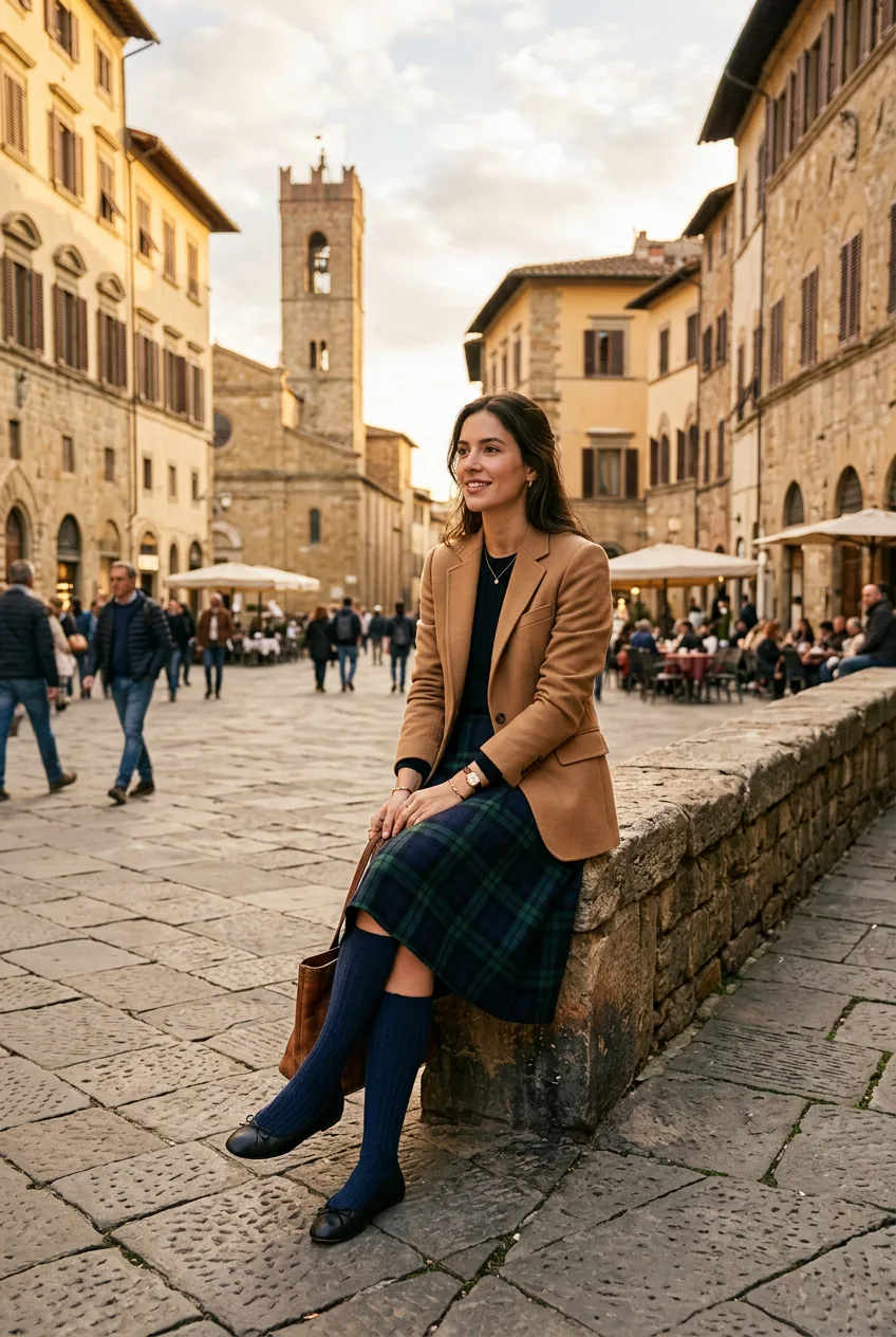 Woman in plaid wool midi skirt with knee socks and camel blazer sitting on stone wall in European piazza