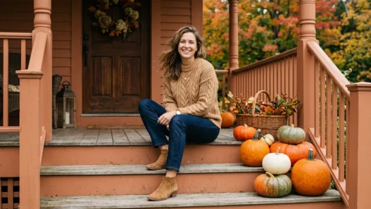 Woman in camel knit sweater and ankle boots seated on painted porch steps with pumpkins in soft autumn light