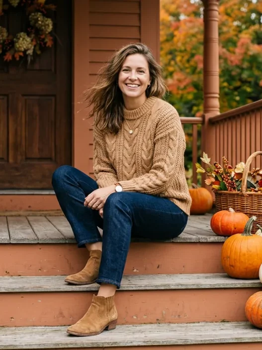 Woman in camel knit sweater and ankle boots seated on painted porch steps with pumpkins in soft autumn light