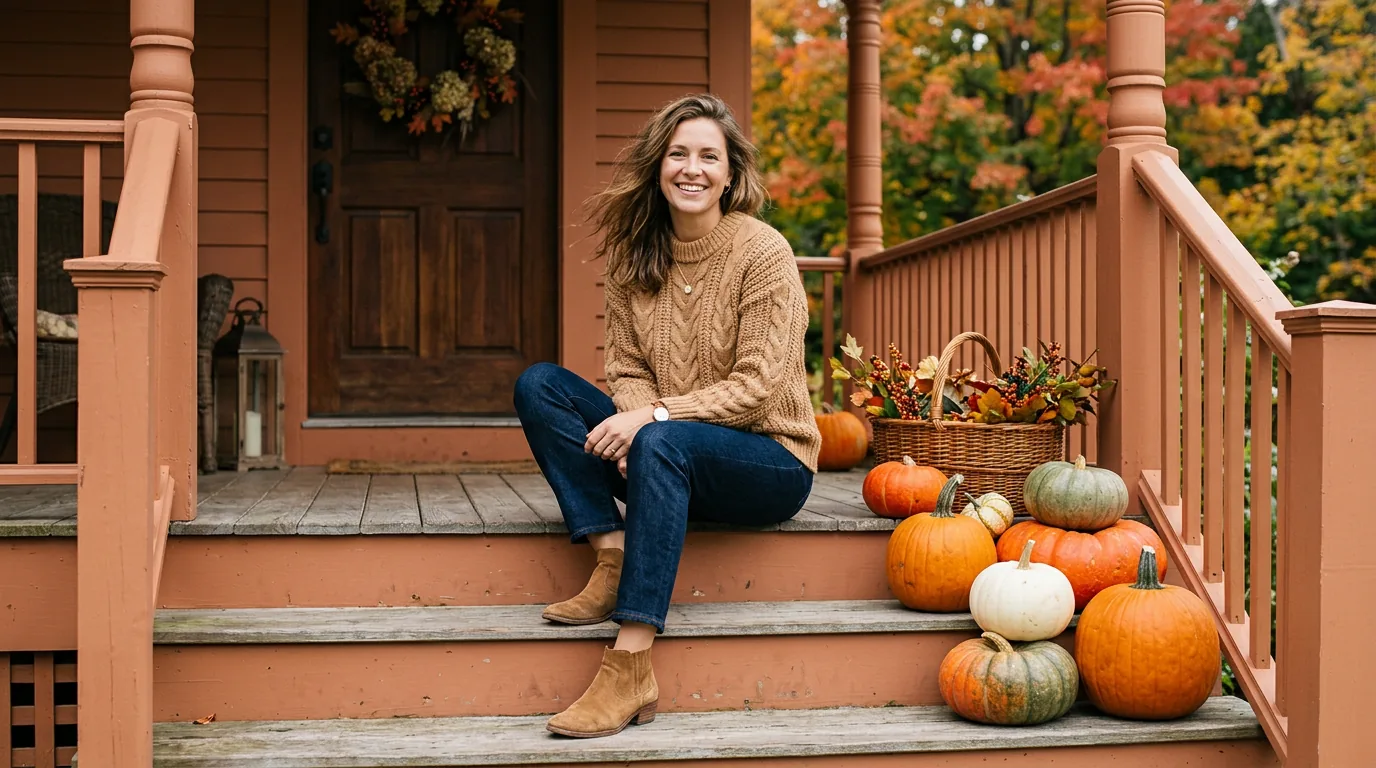 Woman in camel knit sweater and ankle boots seated on painted porch steps with pumpkins in soft autumn light