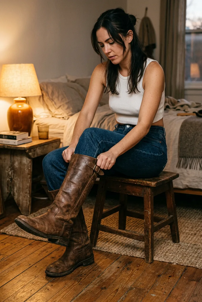 Close shot of a woman pulling on a tall brown leather knee-high boot while seated in a warmly lit bedroom