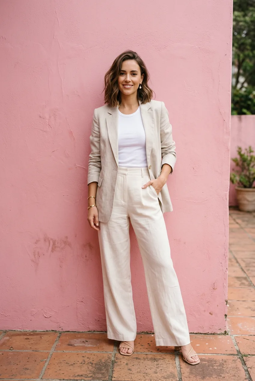 Woman in cream wide-leg trousers and oatmeal linen blazer with pearl earrings, hip tilted, relaxed pose