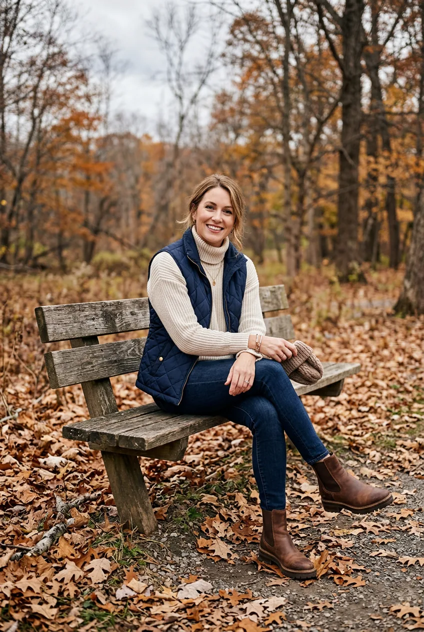 Woman in quilted vest and cream knit pullover seated on wooden bench outdoors with autumn leaves on ground
