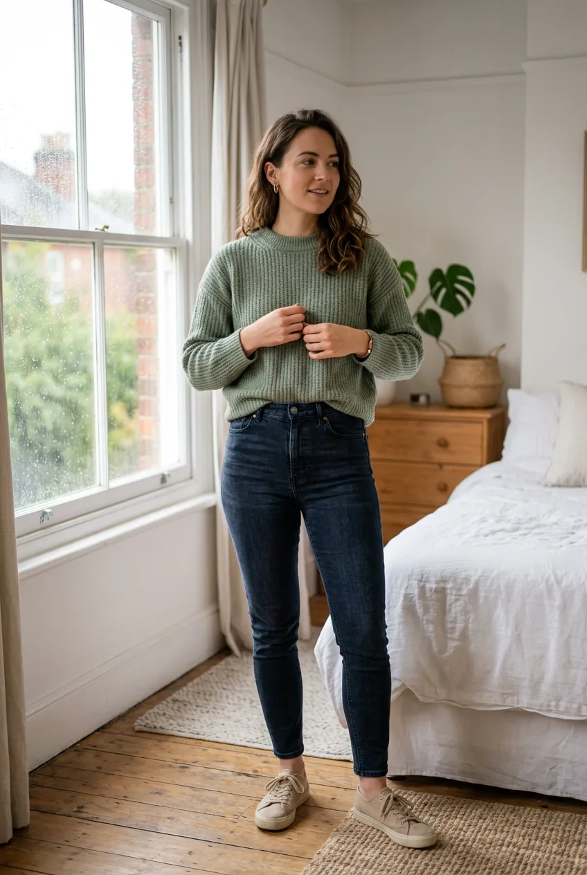 Woman in dark-wash jeans and sage textured sweater with canvas sneakers standing near rain-speckled bedroom window