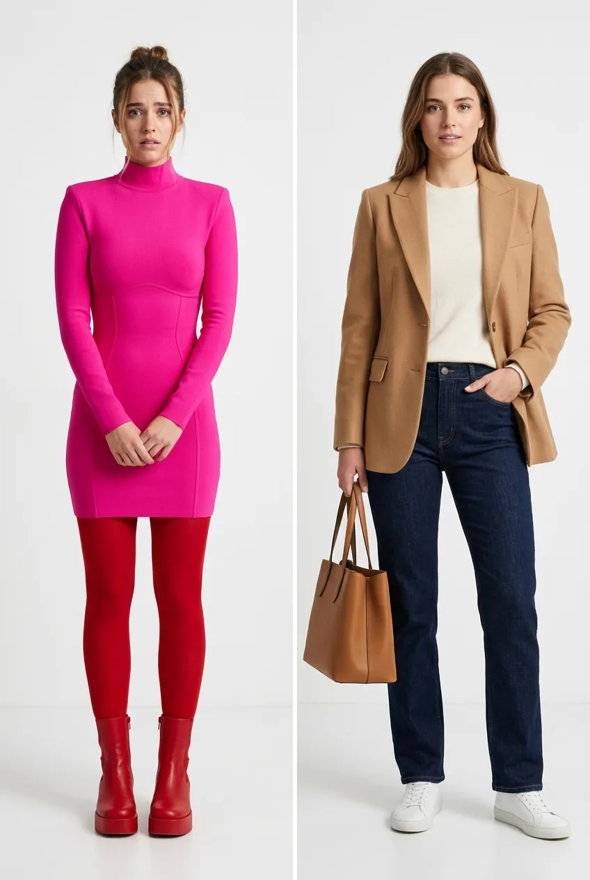 Woman shown in two panels — left in oversized hoodie and jeans, right in structured blazer with same jeans on neutral background