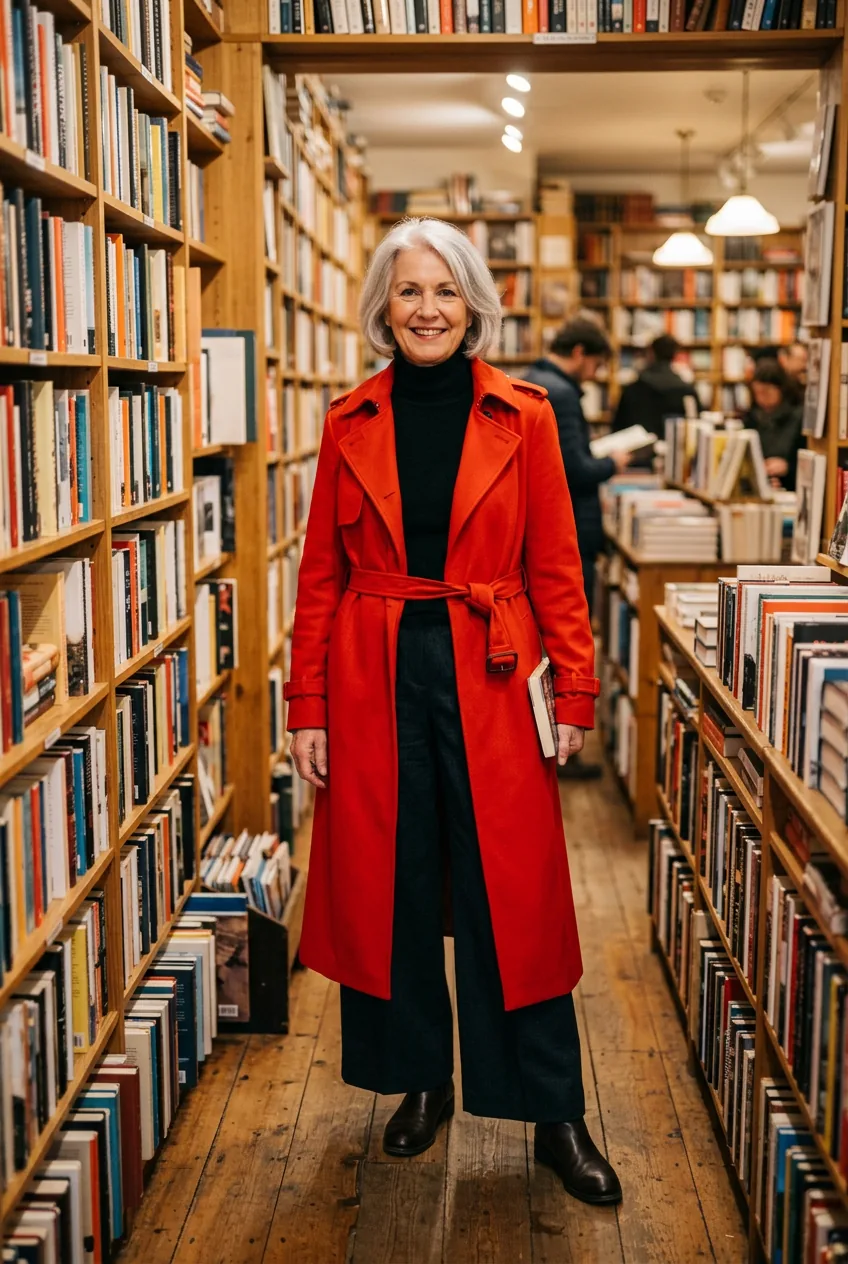 Silver-haired woman in her late 60s wearing a bright red belted trench coat over a black turtleneck in a warmly lit bookstore