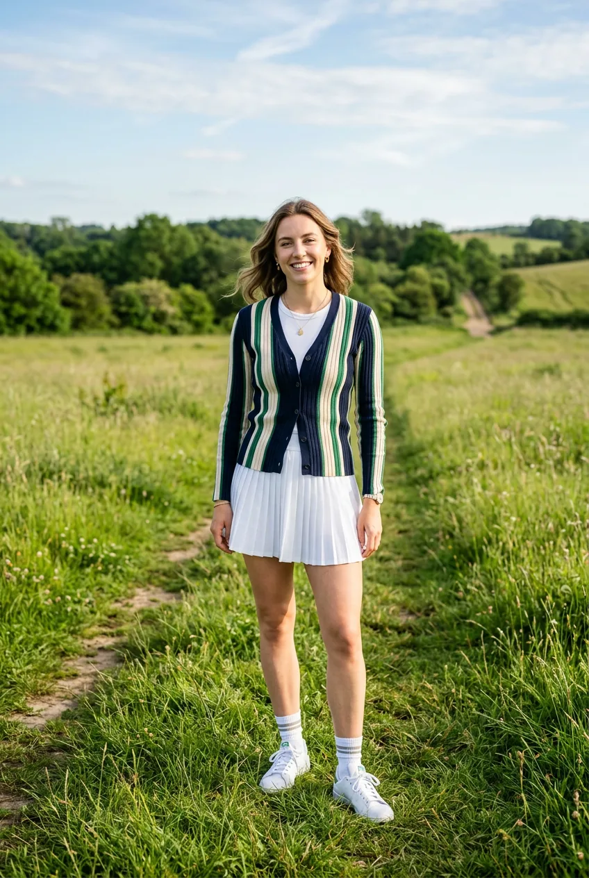Woman wearing a ribbed stripe cardigan halfway buttoned over a white micro tennis skirt with crew socks and sneakers outdoors