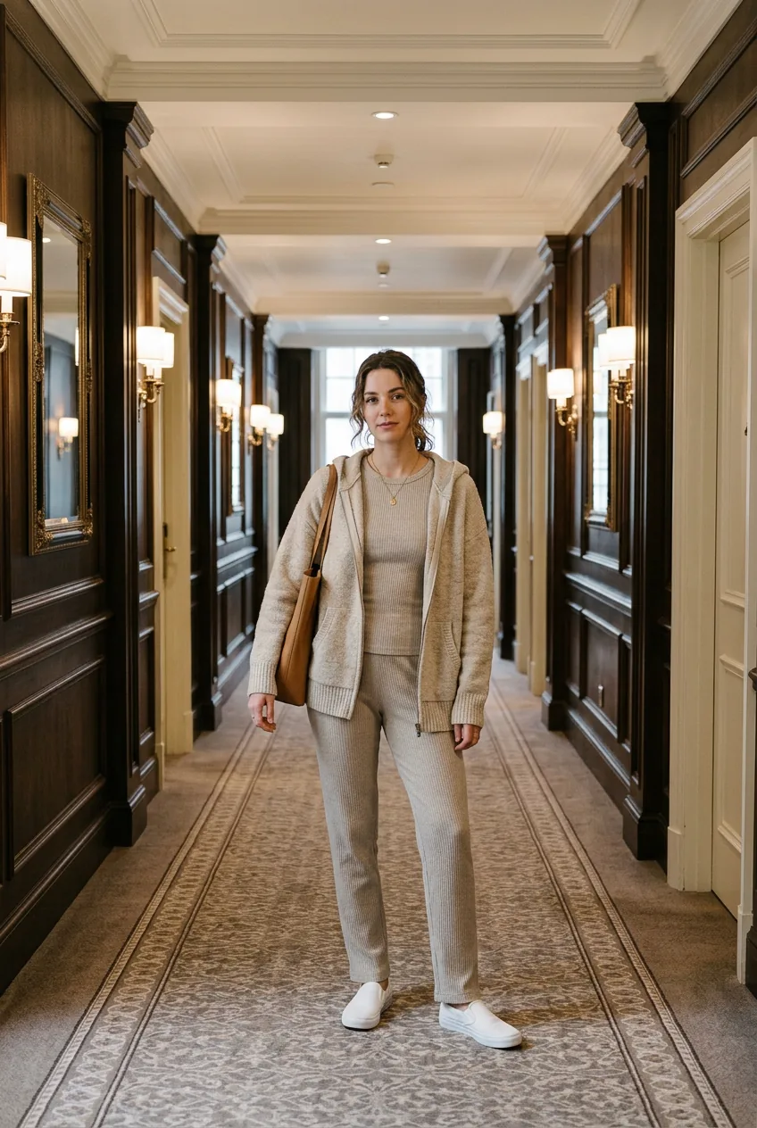 Woman wearing stone ribbed long-sleeve top with matching straight-leg joggers layered with oatmeal zip-up hoodie in hotel hallway