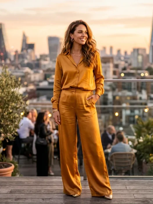 Woman wearing a liquid amber-gold wide-leg satin co-ord on a rooftop terrace at golden hour with city skyline behind her
