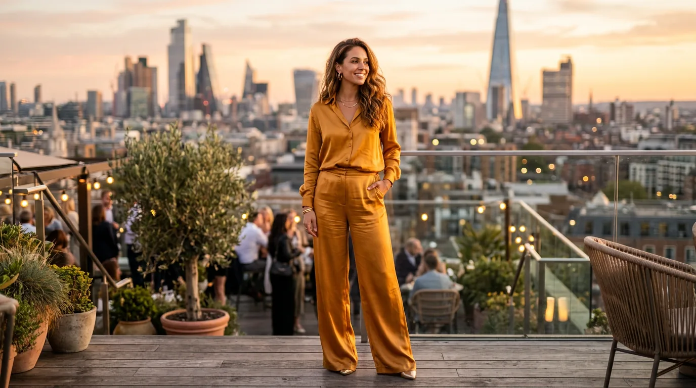 Woman wearing a liquid amber-gold wide-leg satin co-ord on a rooftop terrace at golden hour with city skyline behind her
