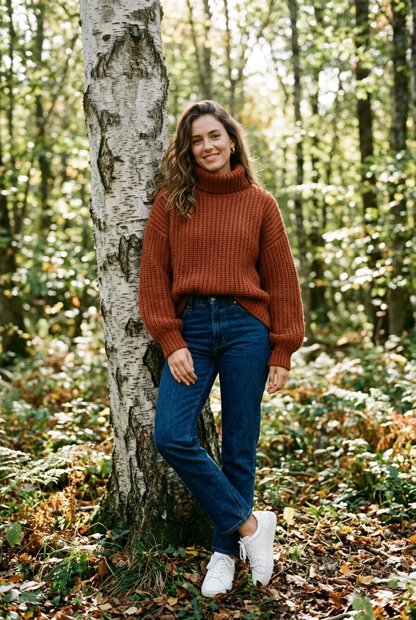 Woman in oversized rust chunky knit sweater and dark jeans leaning against birch tree in sunlit forest