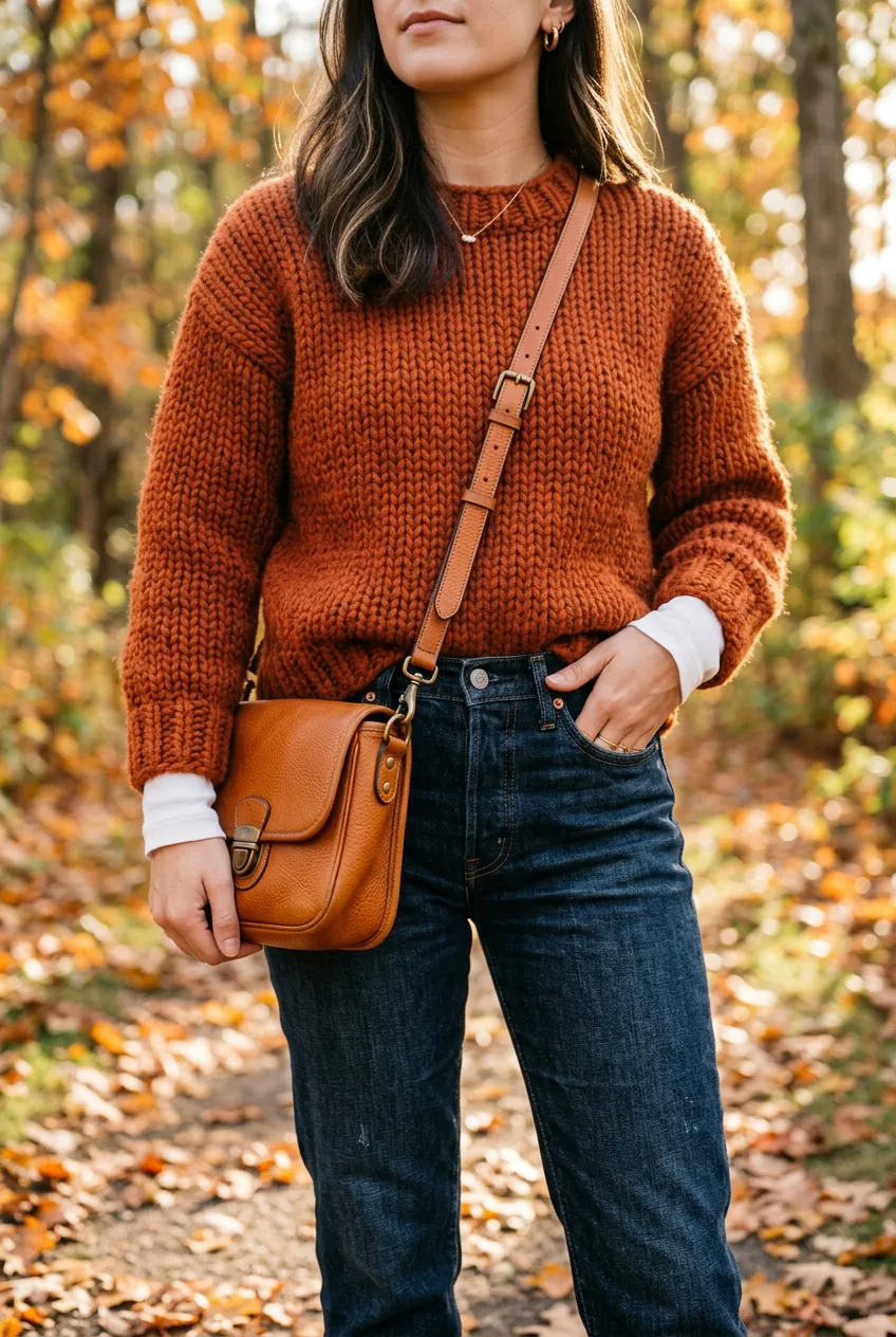Close-up of rust orange chunky knit sweater layered over white long-sleeve with dark jeans and tan crossbody bag