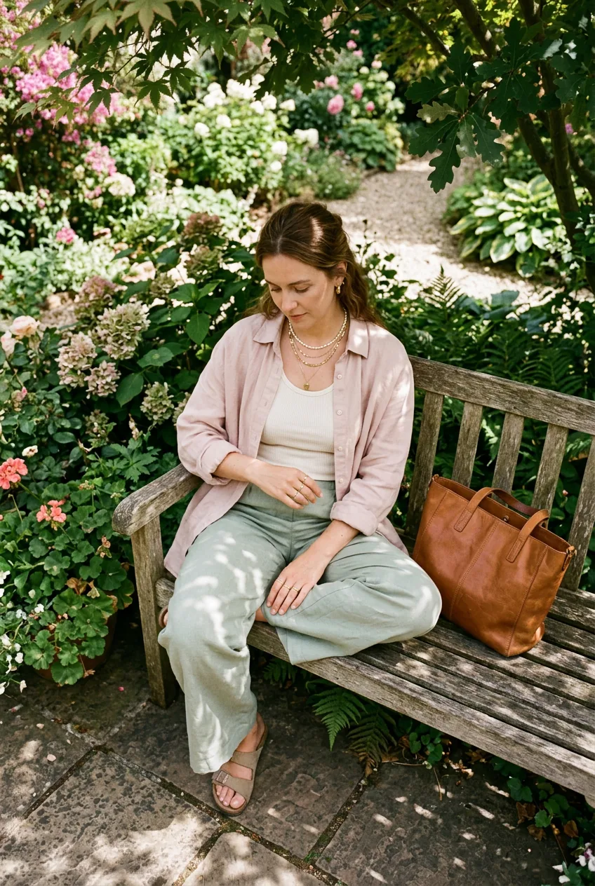 Overhead view of woman in sage trousers and open blush linen overshirt seated on garden bench with caramel leather tote