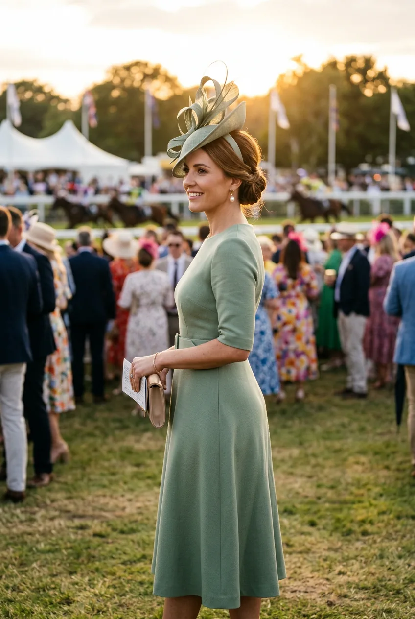 Woman in sage green tailored midi dress with pearl earrings and sculptural fascinator in golden light