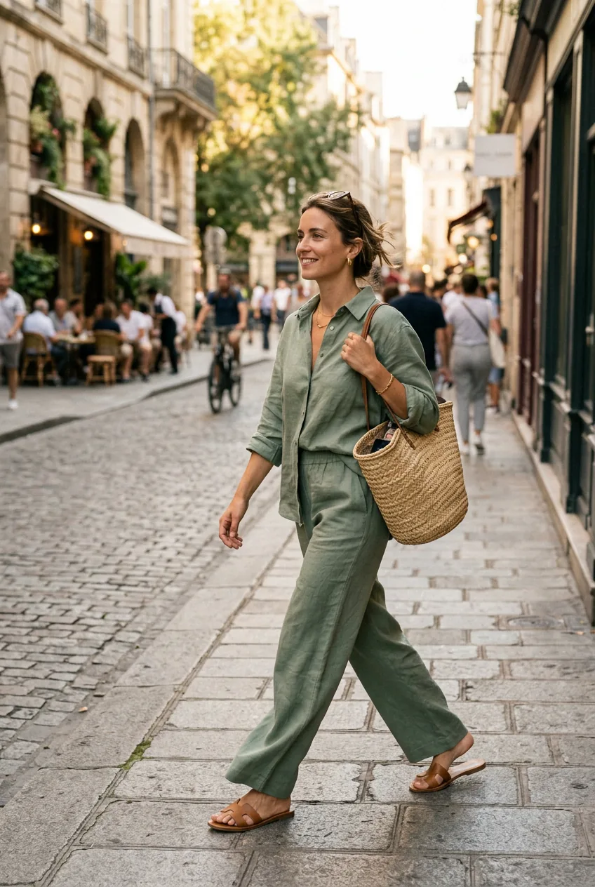 Woman in a matching sage green linen co-ord set with wide-leg trousers and flat tan sandals strolling a city street